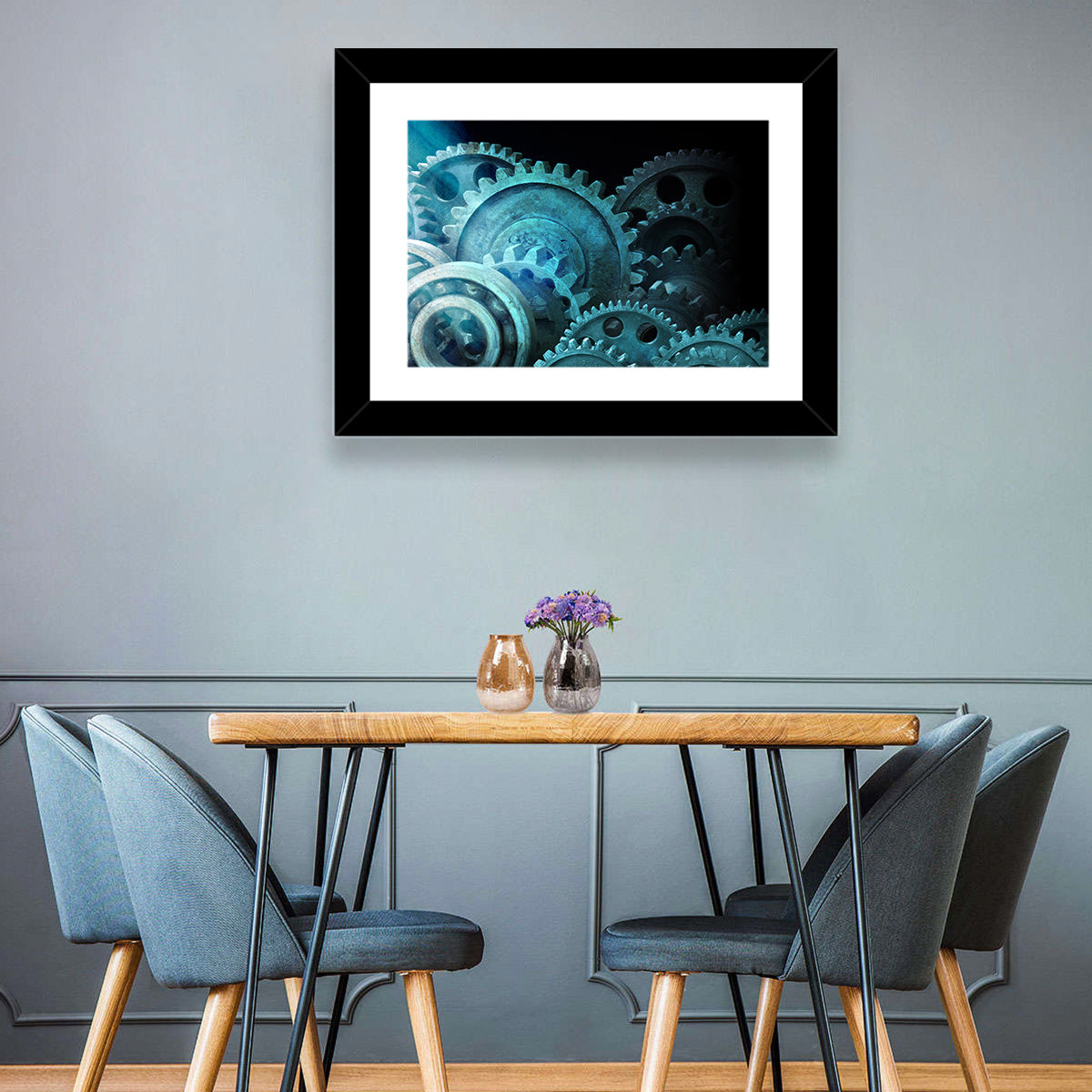 Teal and Steel Cogwheel Close-up Wall Art