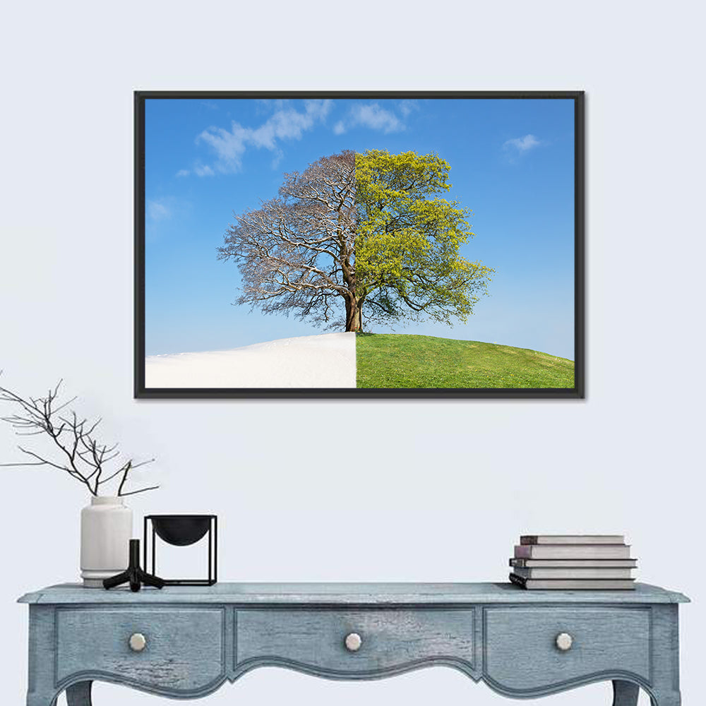 Split Season Tree Landscape Wall Art in a room, landscape
