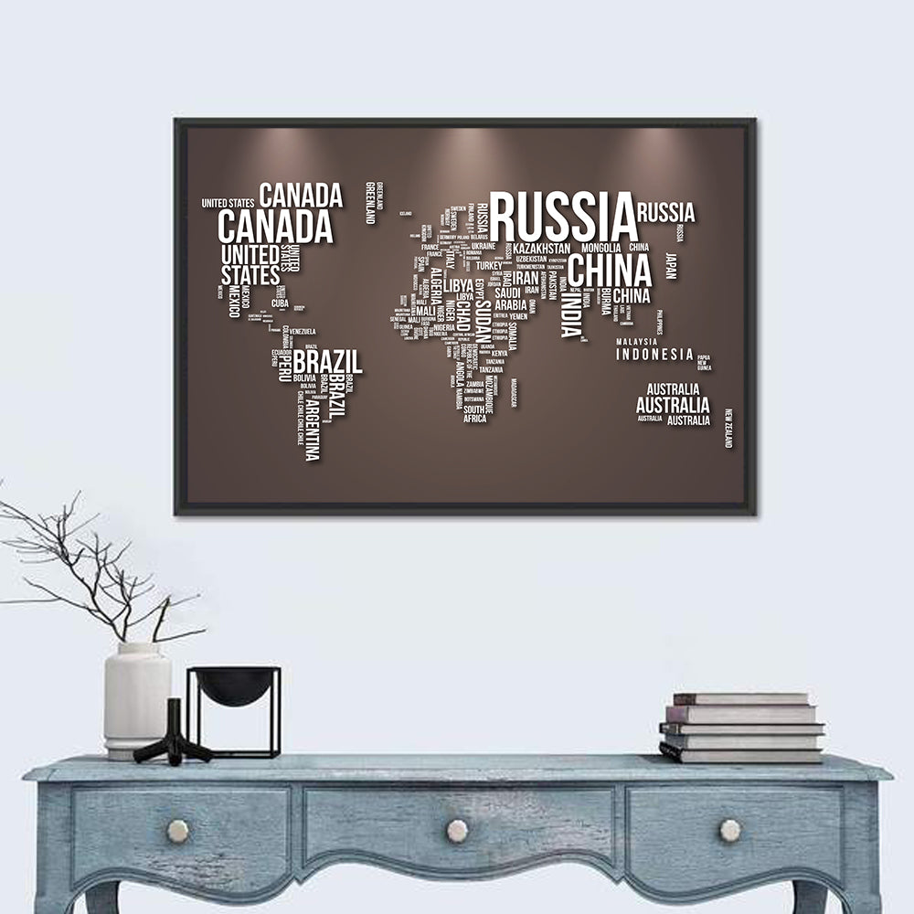World Map Typography in Brown and White Wall Art in a room, landscape