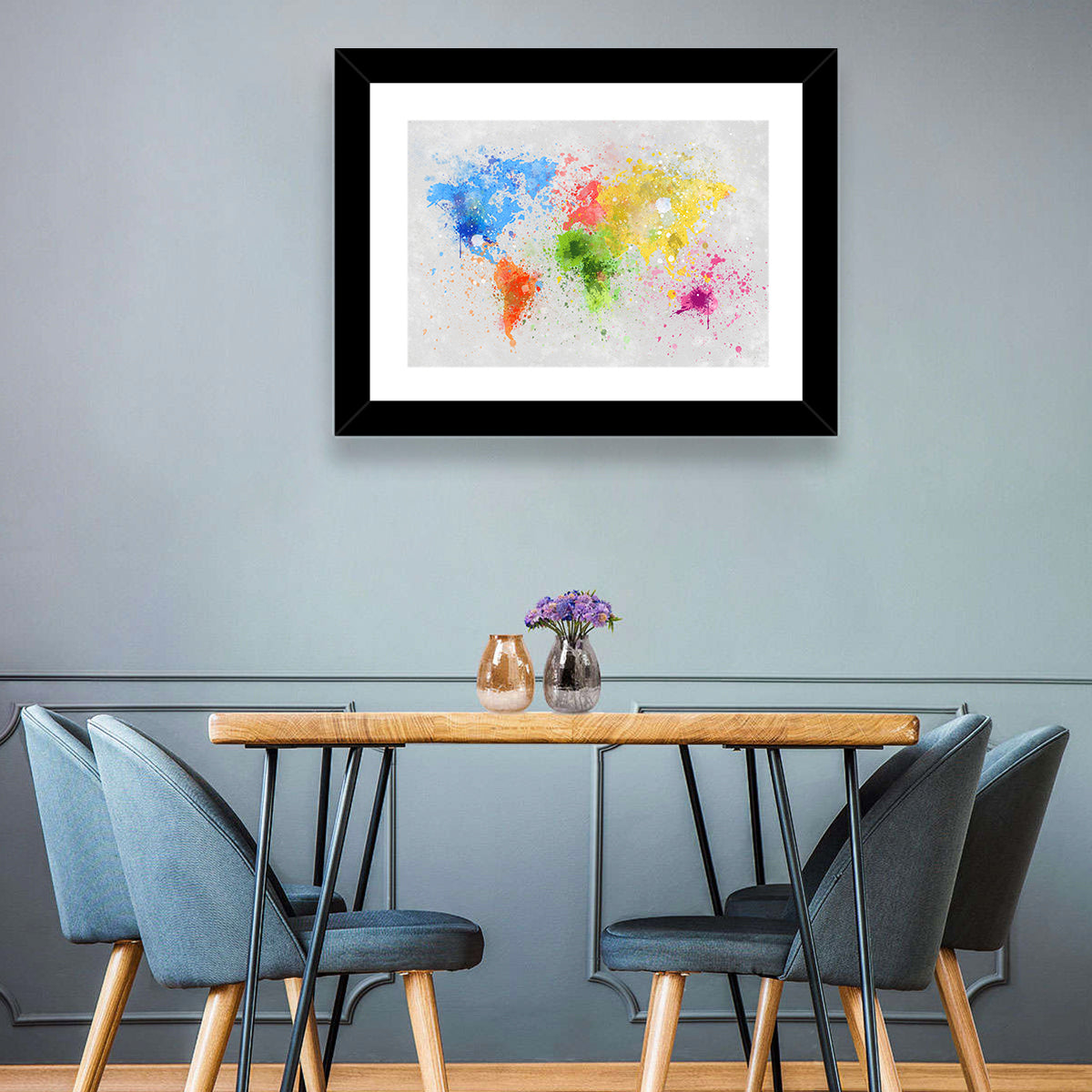 Vibrant Watercolor World Map Wall Art in a room, landscape