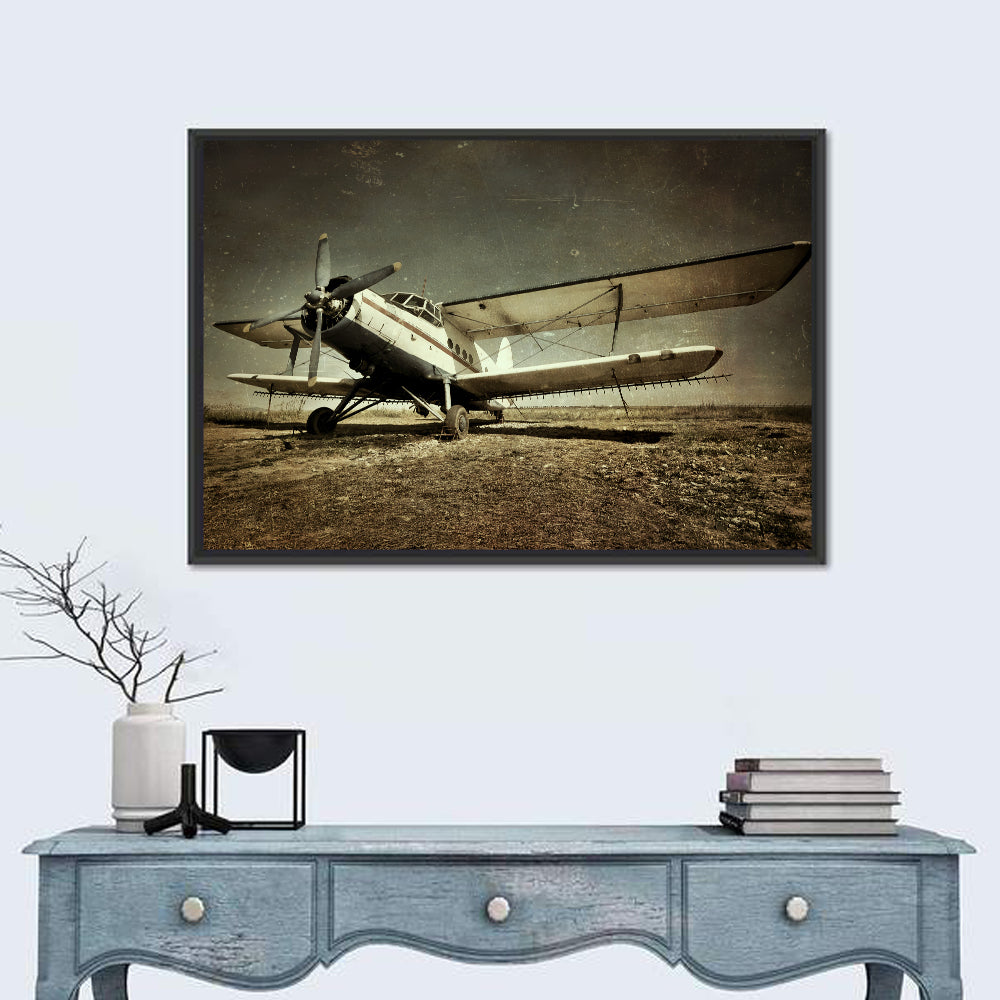 Vintage Military Biplane Wall Art in a room, landscape