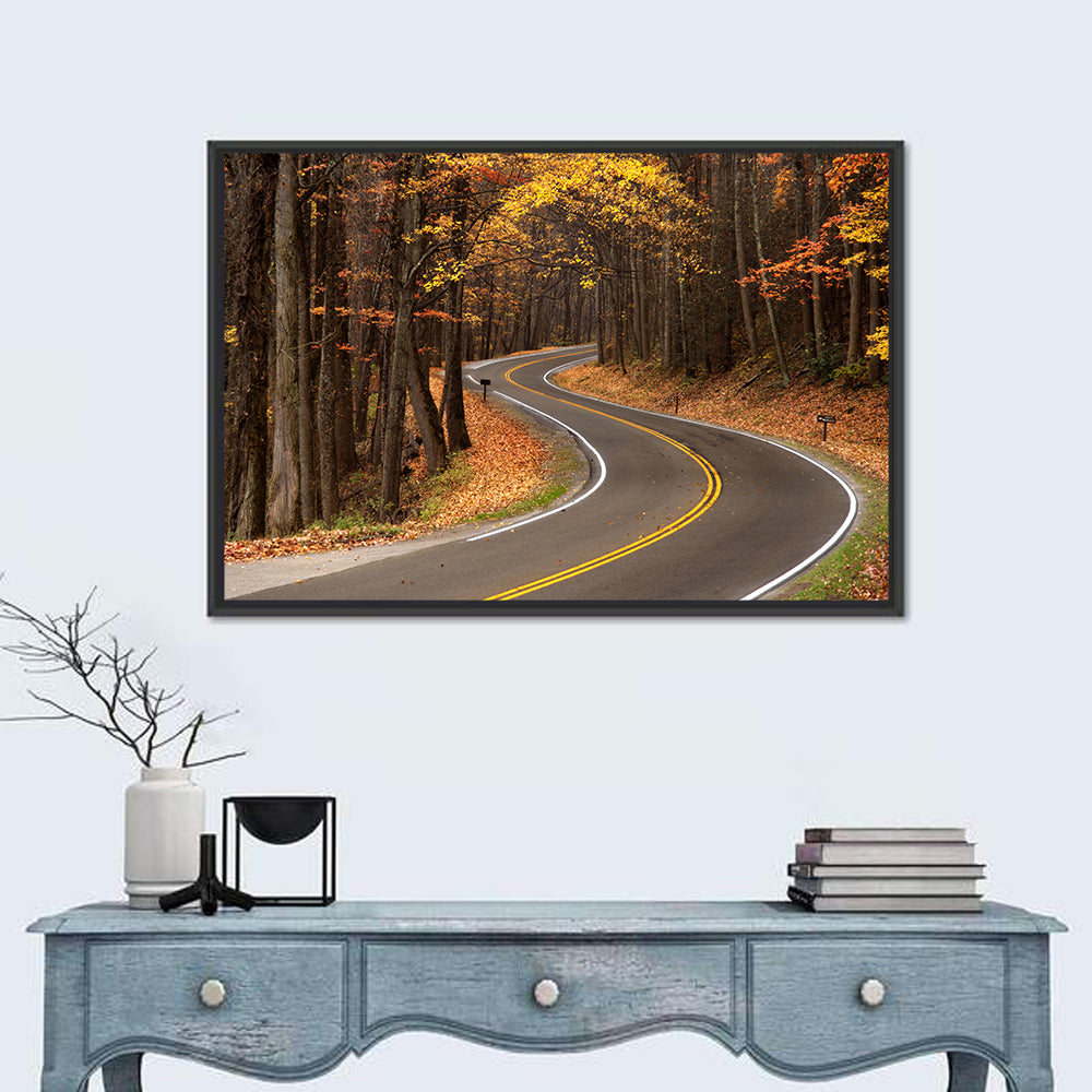 S-curve Road Through Autumn Forest Wall Art in a room, landscape
