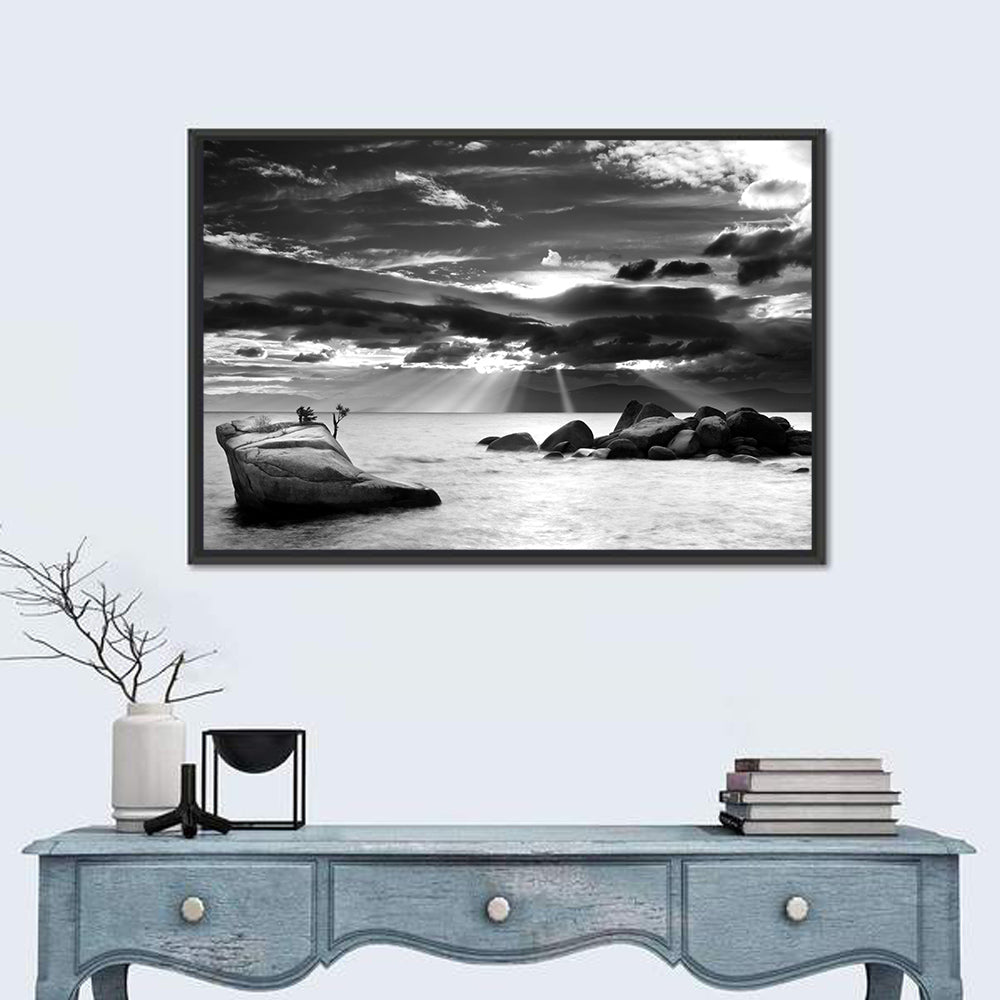 Bonsai Rock with Sunbeams Wall Art in a room, landscape