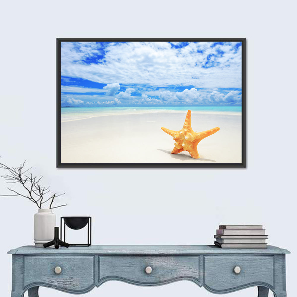 Minimalist Yellow Starfish on Turquoise Shore Wall Art in a room, landscape