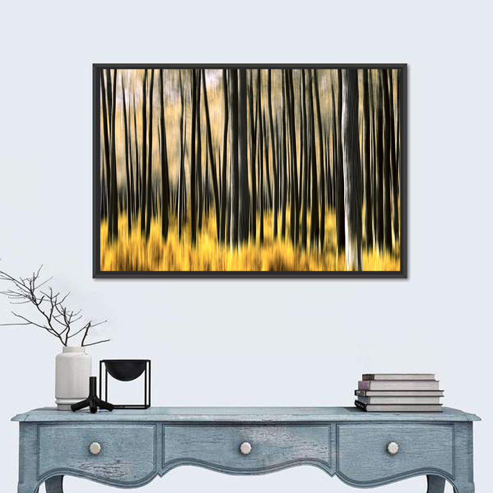 Golden Abstract Forest Wall Art in a room, landscape