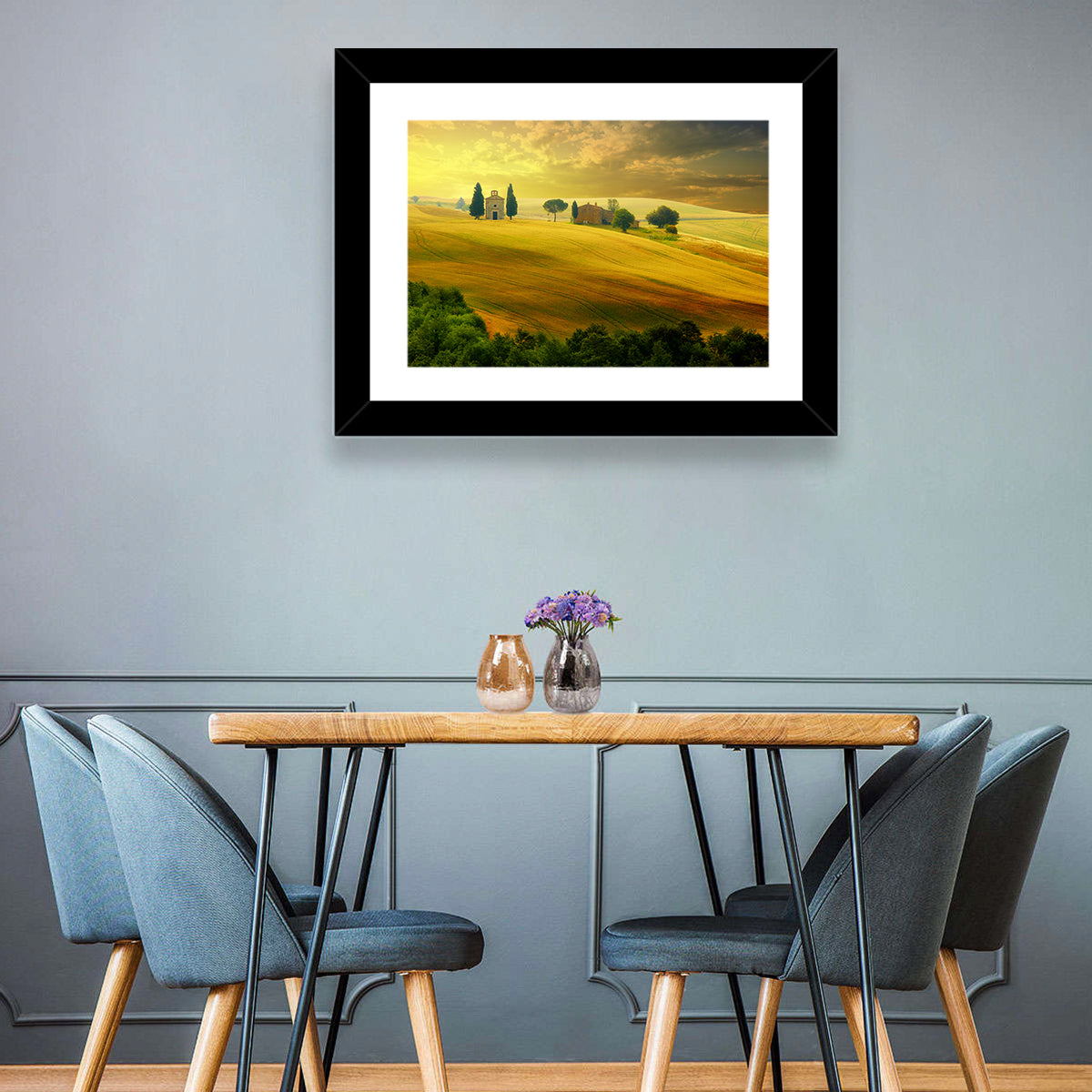 Tuscany Golden Hour Landscape Wall Art in a room, landscape