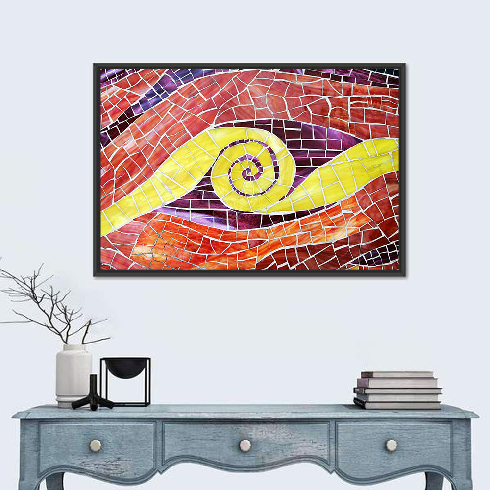 Red and Yellow Spiral Mosaic Wall Art in a room, landscape