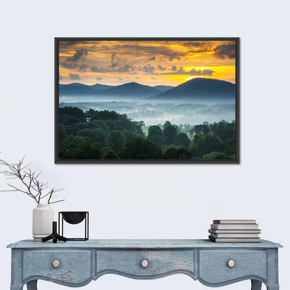 Blue Ridge Mountains Asheville Sunset Wall Art in a room, landscape