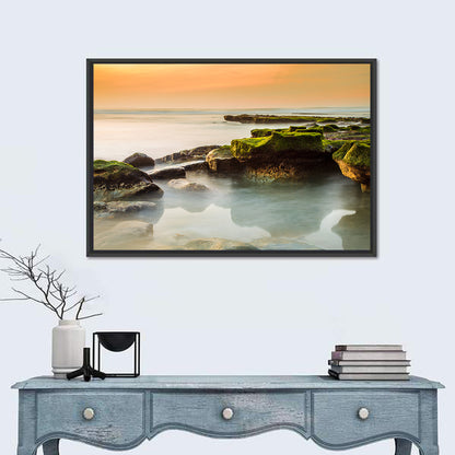 Mossy Rocky Coastline at Golden Hour Wall Art