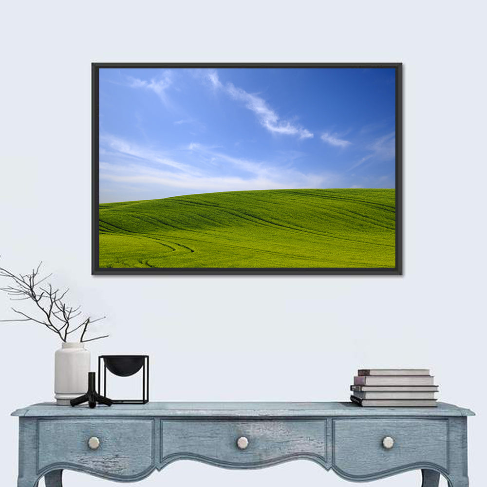 Rolling Green Hill with Blue Sky Wall Art in a room, landscape