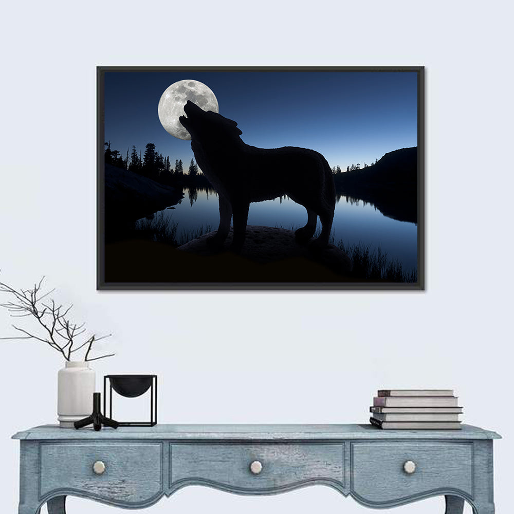 Howling Wolf at Full Moon Wall Art in a room, landscape