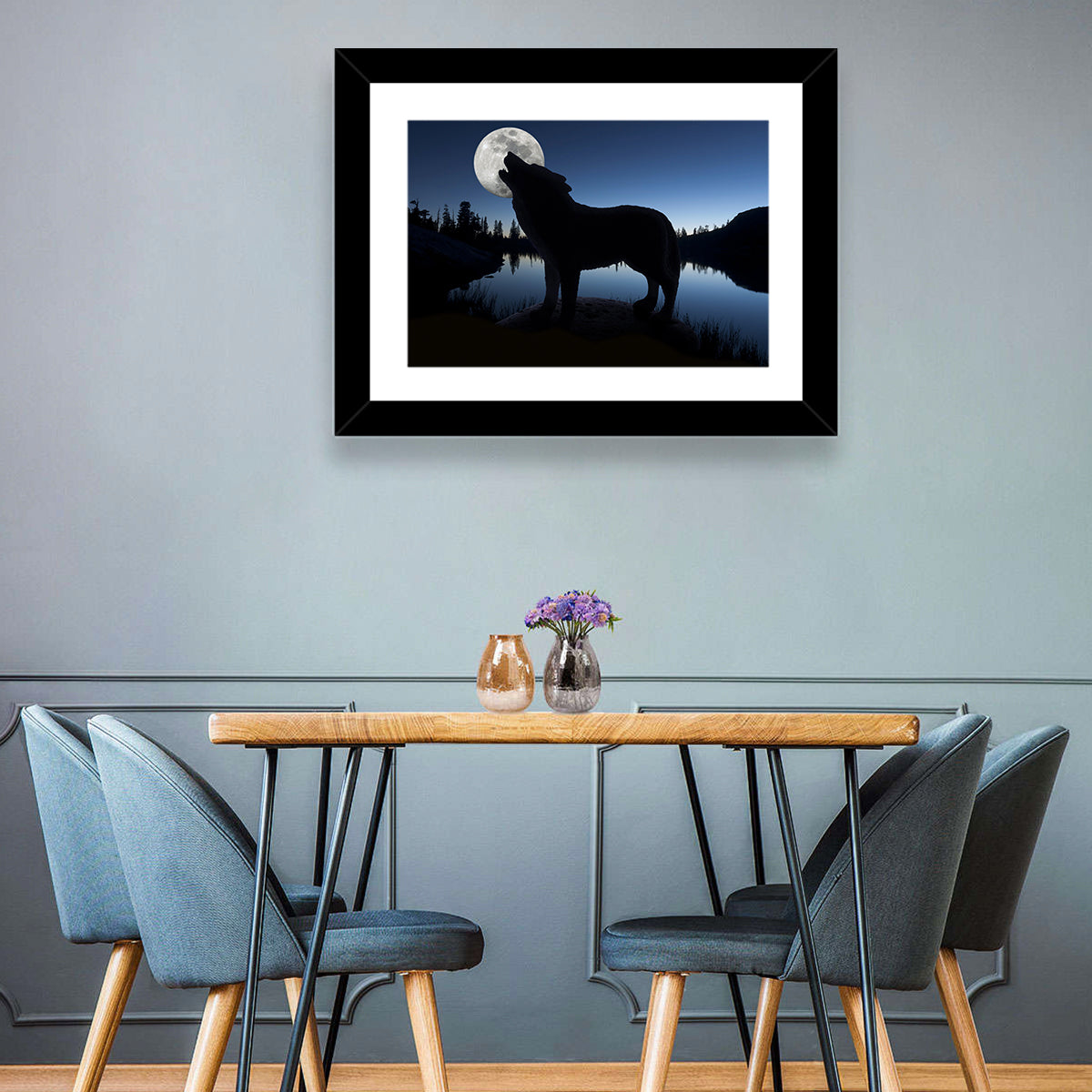 Howling Wolf at Full Moon Wall Art in a room, landscape