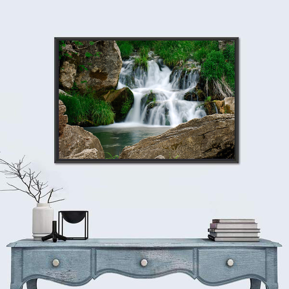Moss Covered Rocky Waterfall Wall Art in a room, landscape
