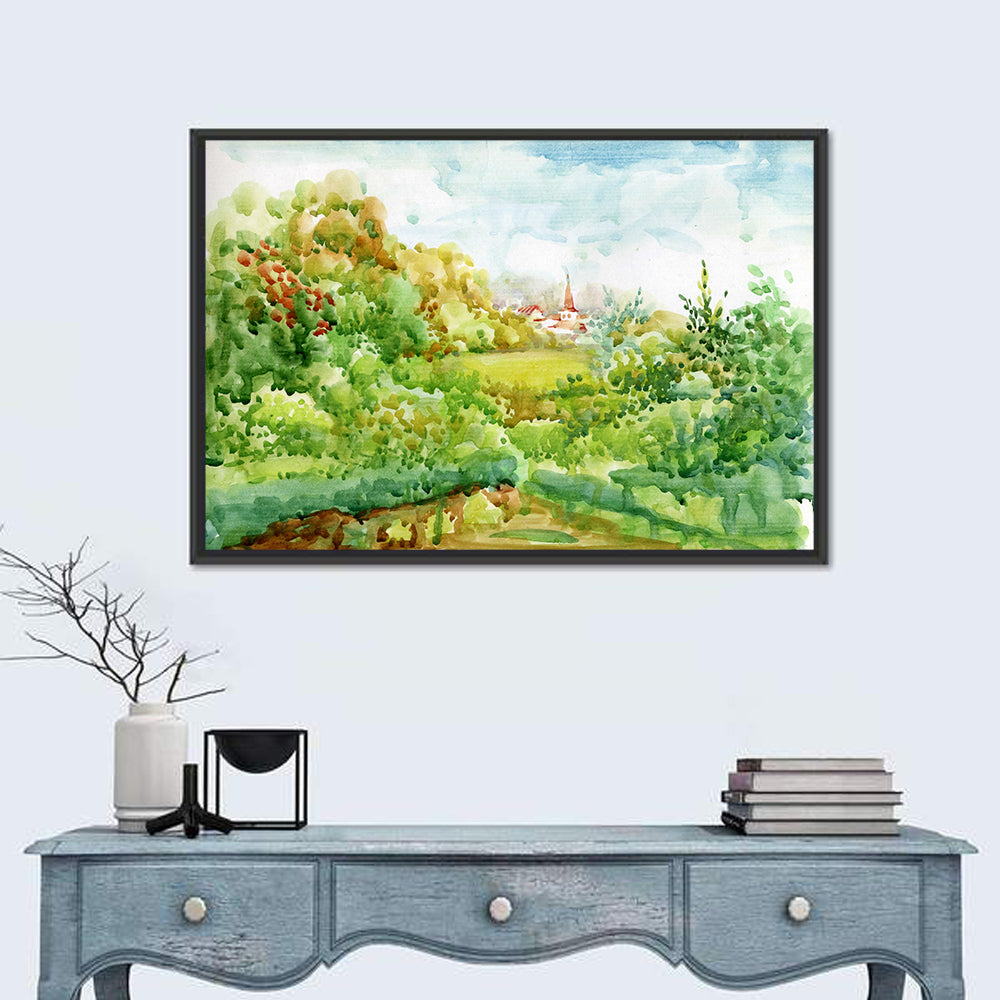 Red Steeple Village Watercolor Wall Art