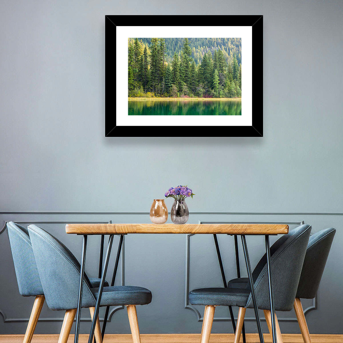 Tranquil Forest Lake Wall Art in a room, landscape