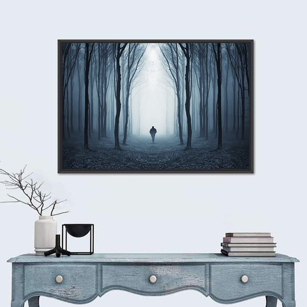 Lone Figure in Misty Forest Wall Art