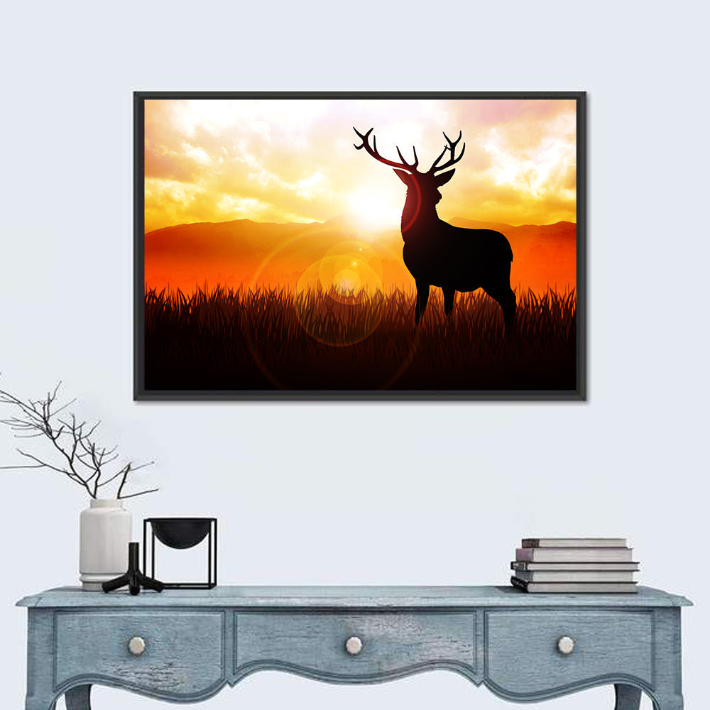 Golden Hour Deer Silhouette Wall Art in a room, landscape