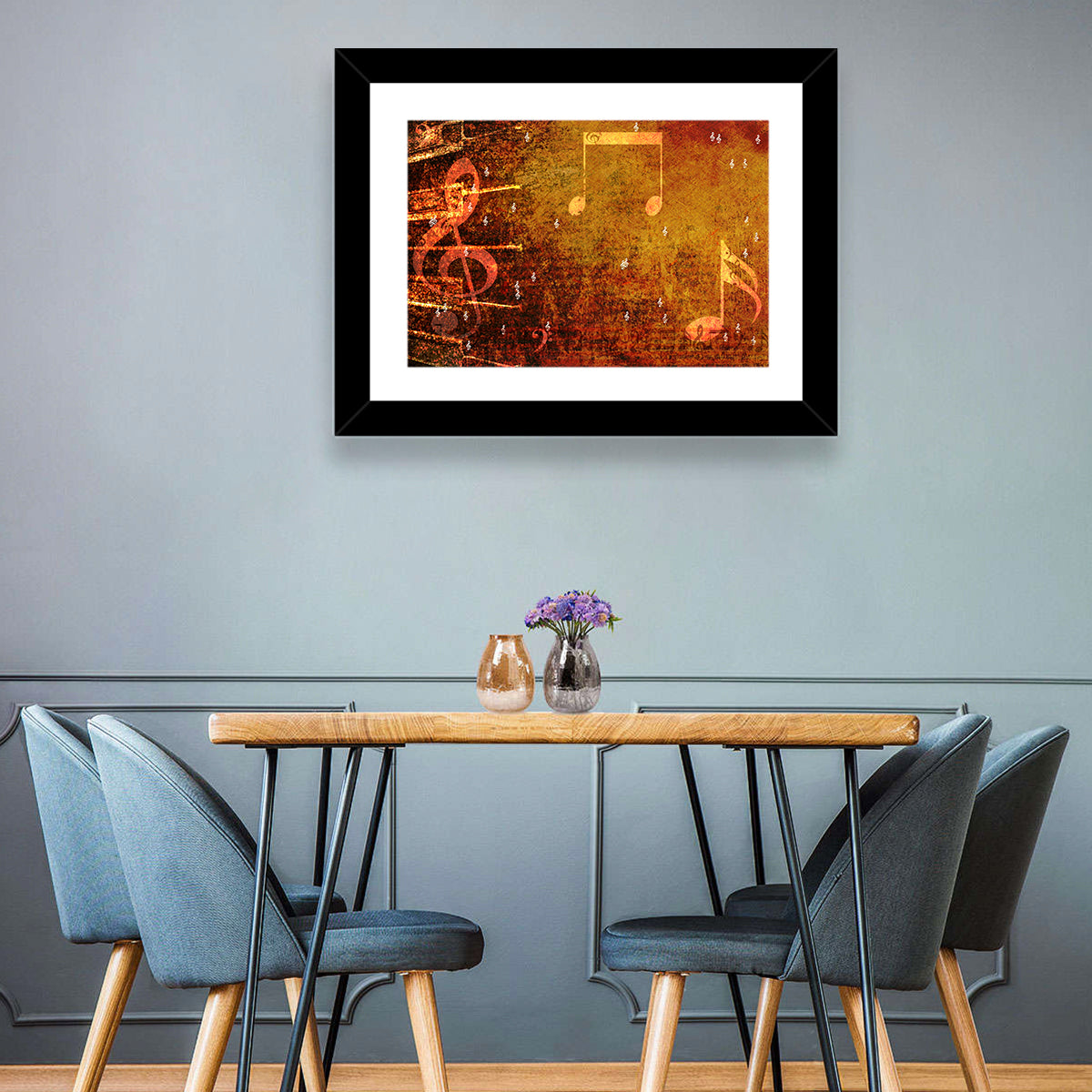 Grunge Sheet Music Collage Wall Art in a room, landscape