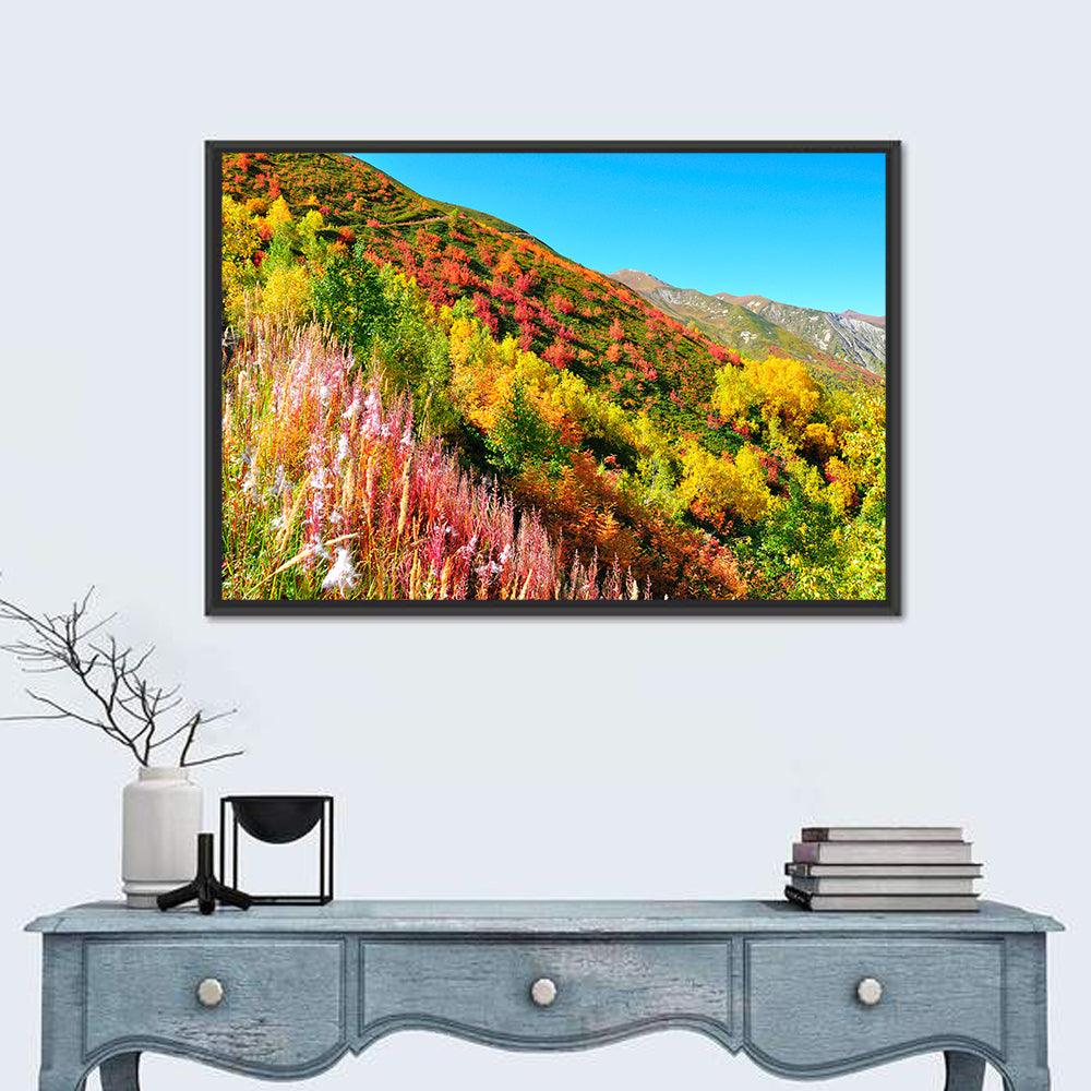 Svaneti Autumn Mountain Landscape Wall Art in a room, landscape