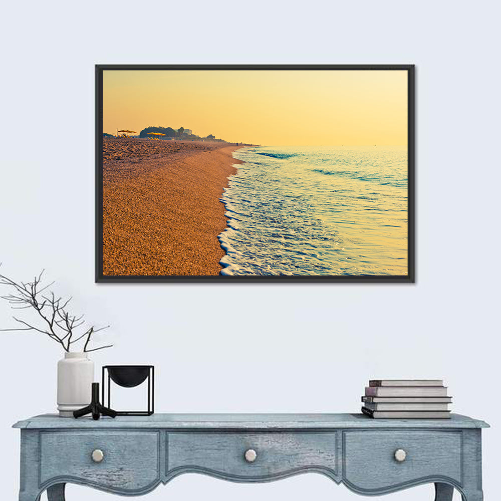 Tranquil Beach Sunrise Wall Art in a room, landscape