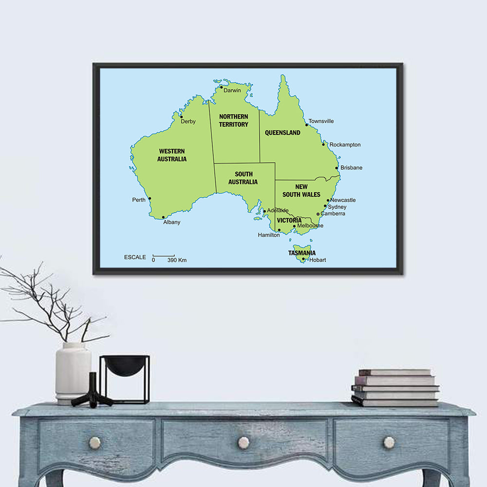 Minimalist Australia Map with State Labels Wall Art in a room, landscape