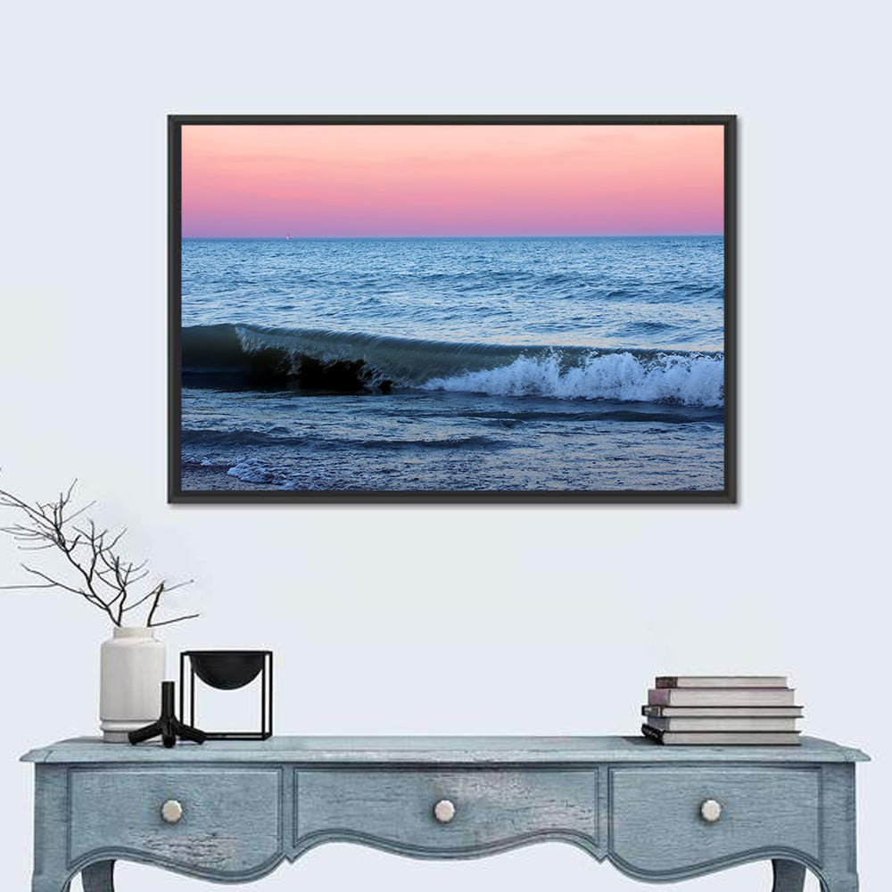 Lake Michigan Sunset with Sailboat Wall Art in a room, landscape