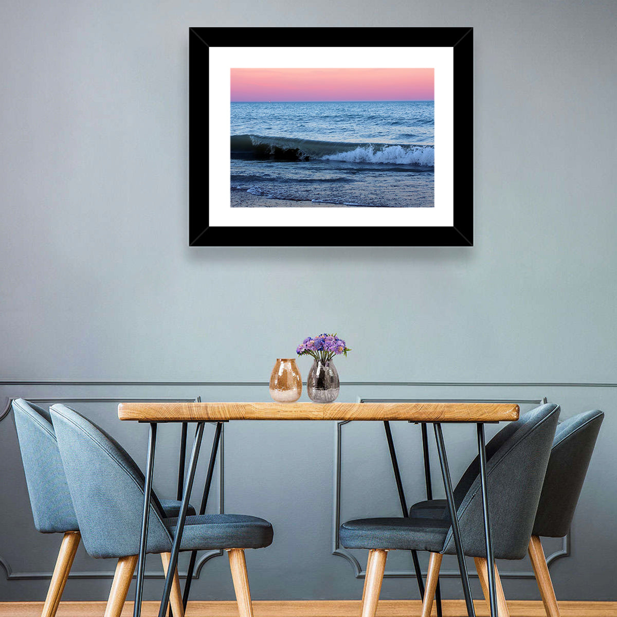 Lake Michigan Sunset with Sailboat Wall Art in a room, landscape