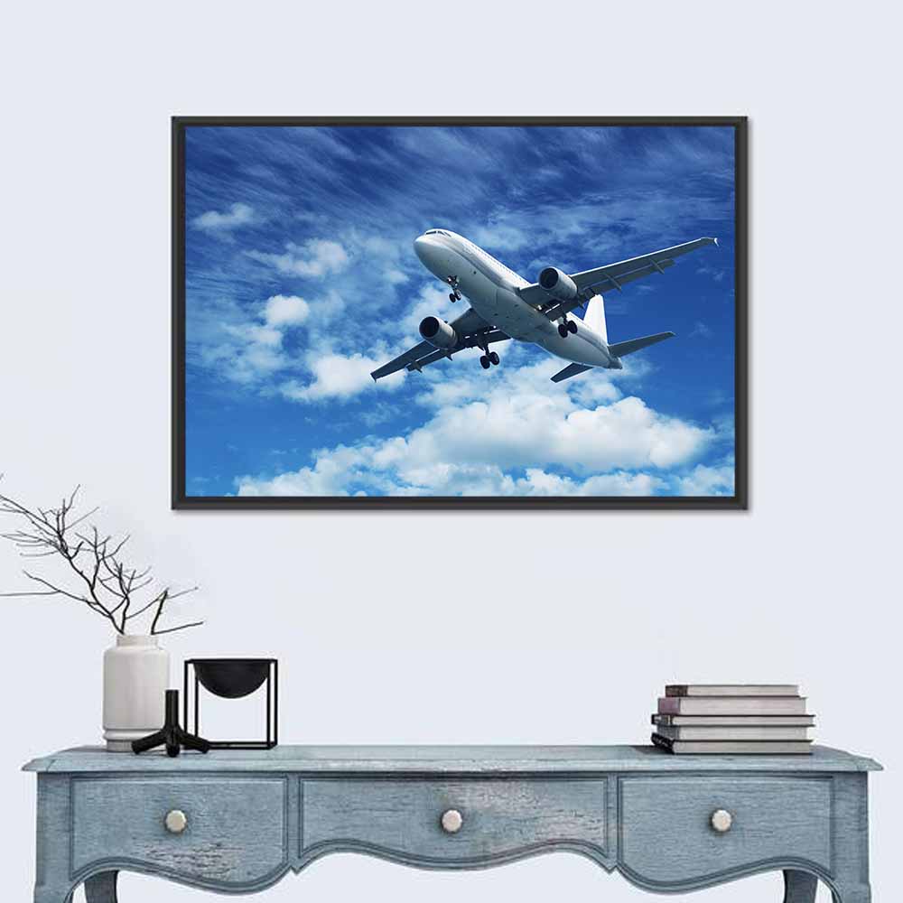 Passenger Airliner in Blue Sky Wall Art in a room, landscape