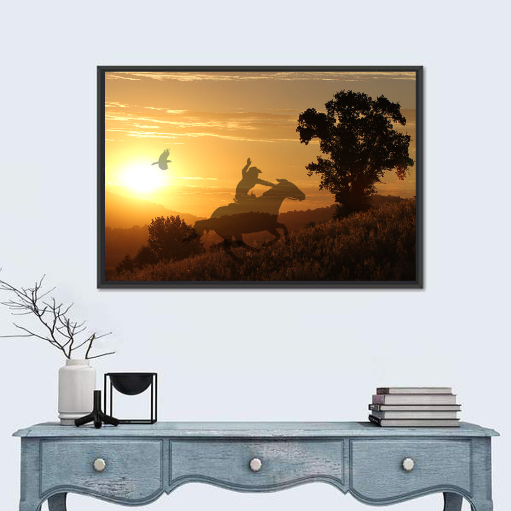 Cowboy Silhouette at Golden Sunset Wall Art in a room, landscape