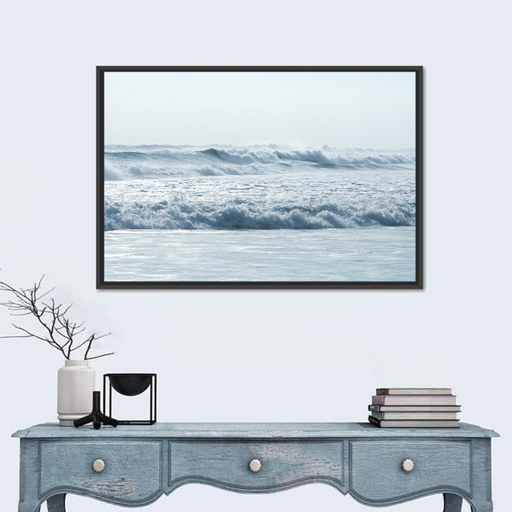 Misty Horizon Ocean Waves Wall Art in a room, landscape