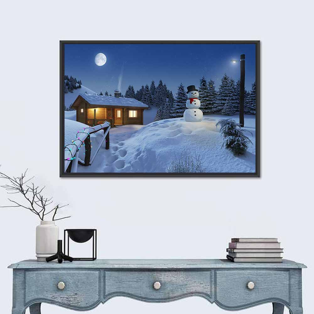 Moonlit Winter Cottage Wall Art in a room, landscape