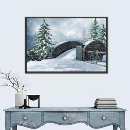 Snowy Stone Bridge in Winter Forest Wall Art