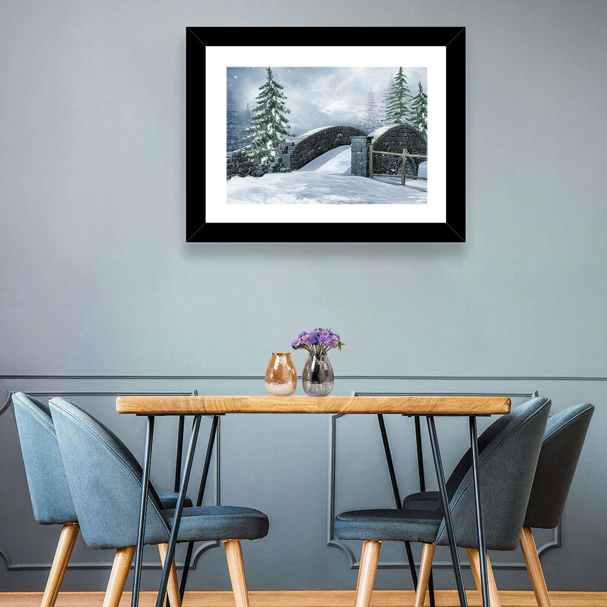 Snowy Stone Bridge in Winter Forest Wall Art