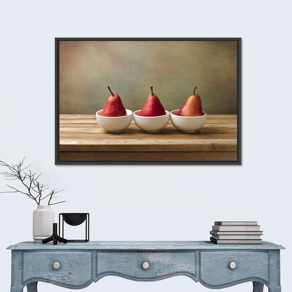 Three Red Pears in Bowls Wall Art in a room, landscape