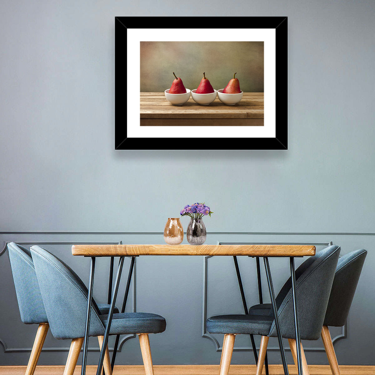Three Red Pears in Bowls Wall Art in a room, landscape