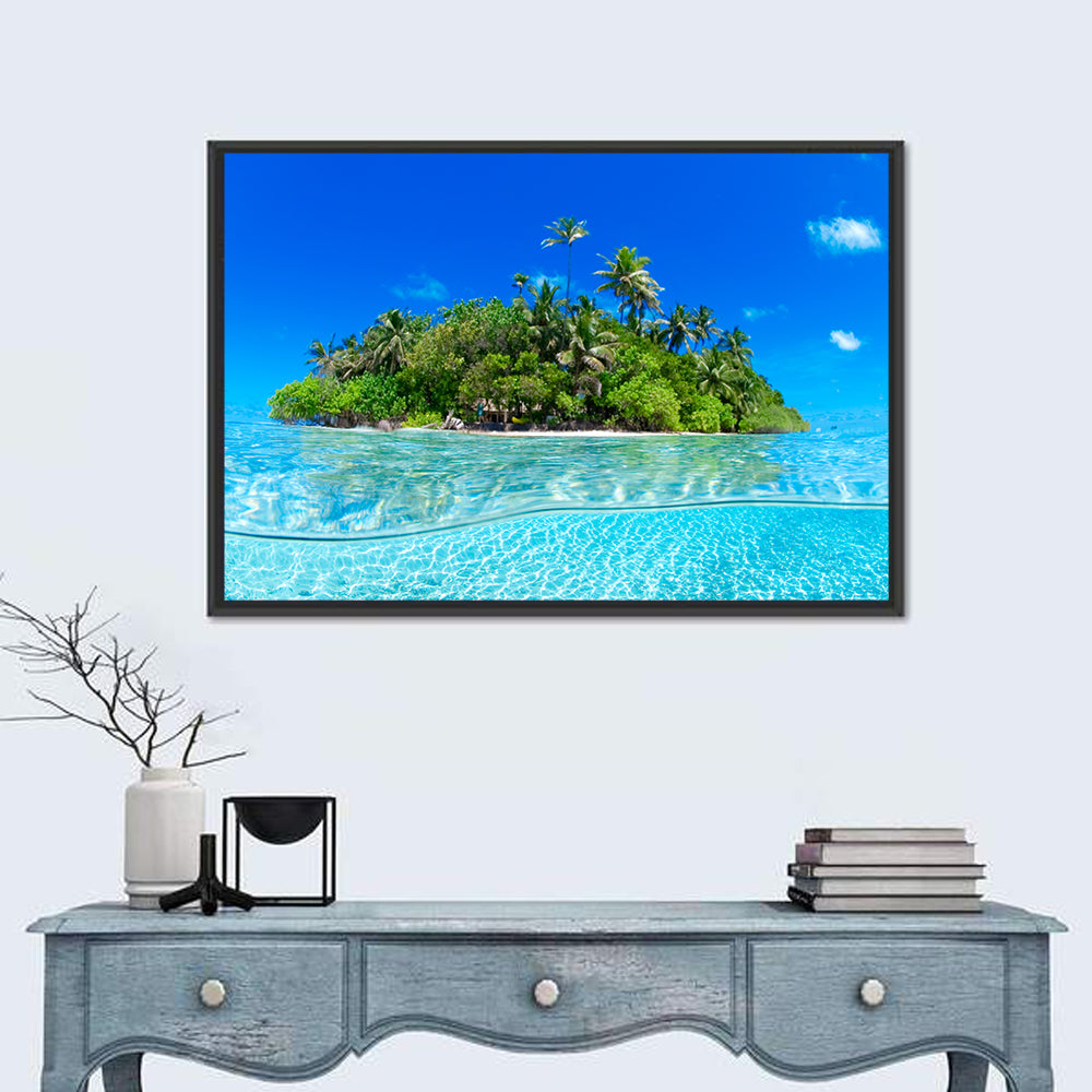 Tropical Island Lagoon Split-level Seascape Wall Art in a room, landscape