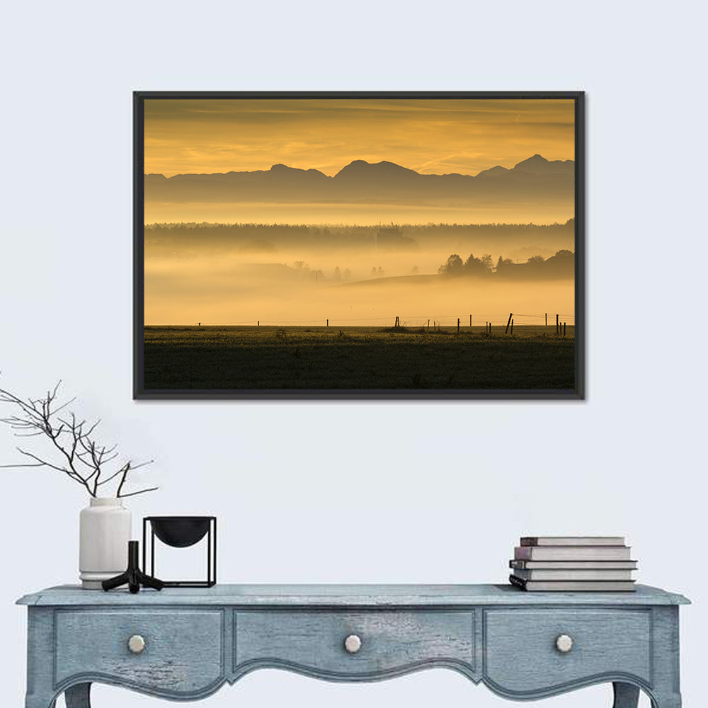 Bavarian Alps Morning Haze Wall Art in a room, landscape
