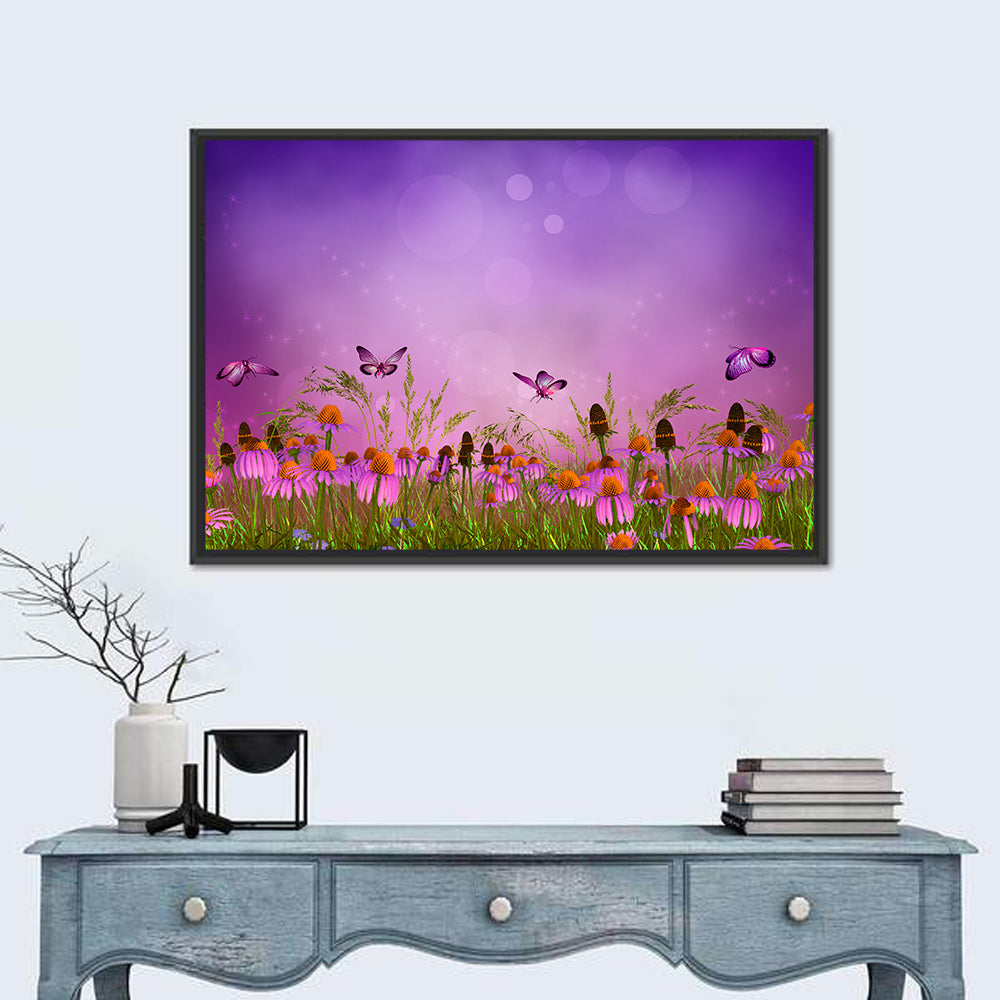 Purple Coneflower Butterfly Meadow Wall Art in a room, landscape