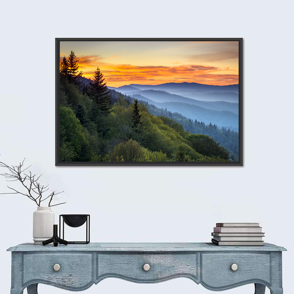 Great Smoky Mountains Sunset Wall Art in a room, landscape