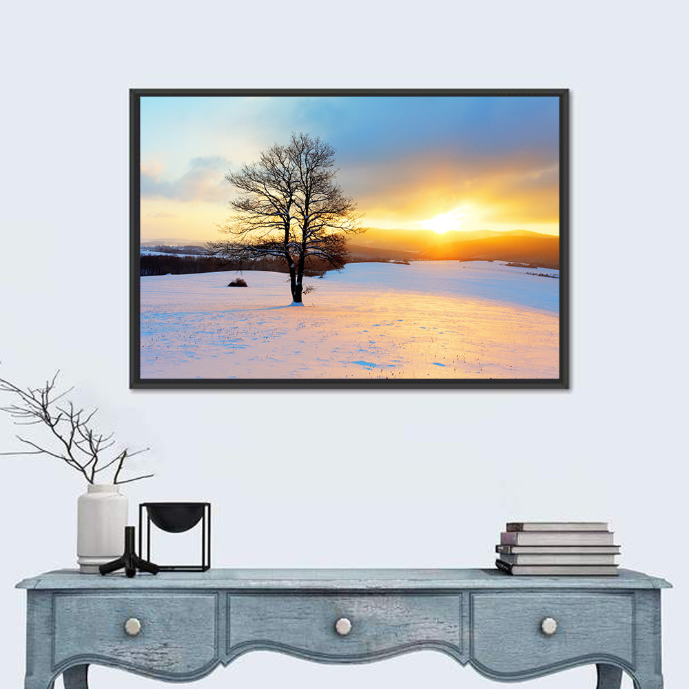 Snowy Winter Sunrise Wall Art in a room, landscape