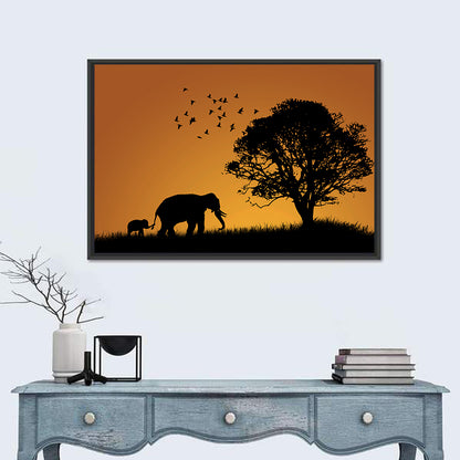 Elephant Family at Golden Sunset Wall Art