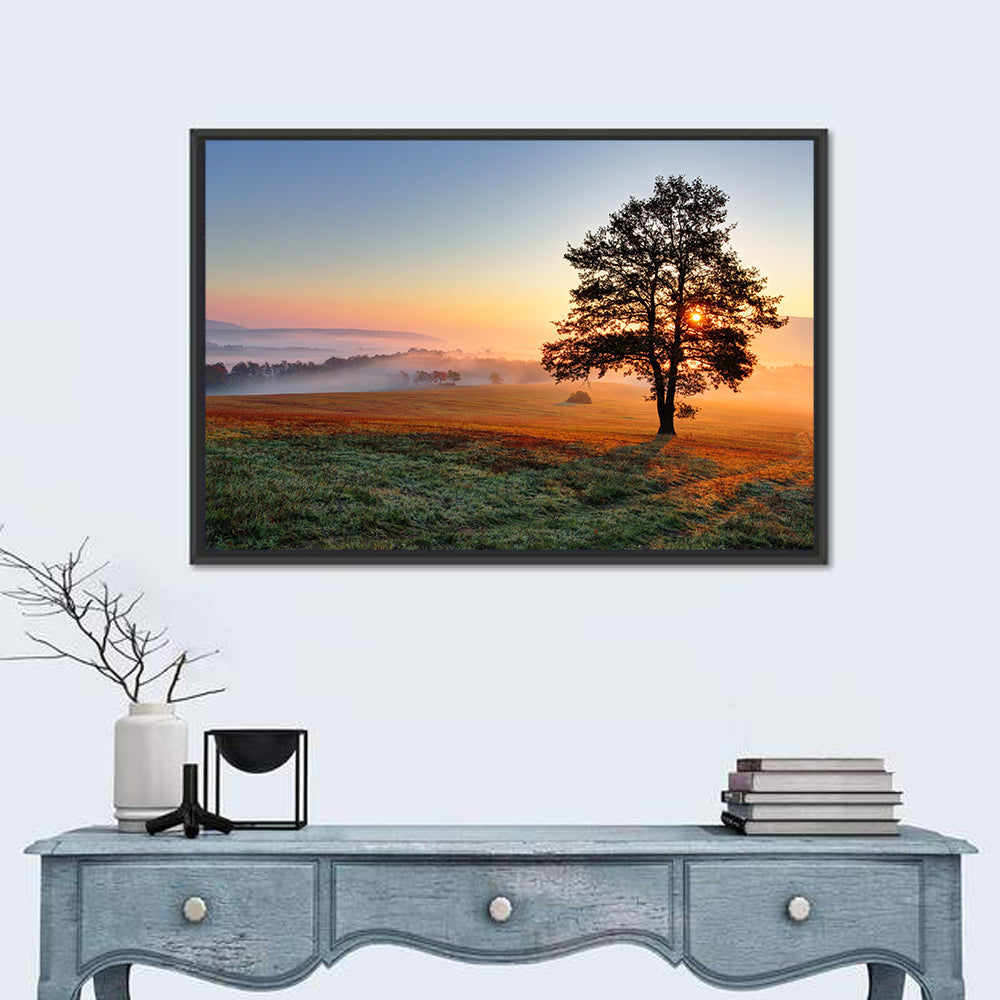 Misty Meadow Sunrise with Lone Tree Wall Art in a room, landscape