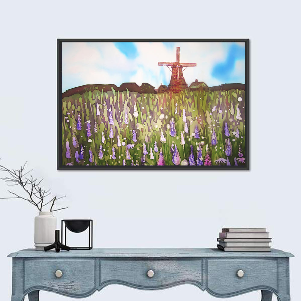 Ink Wash Windmill in Blooming Field Wall Art in a room, landscape