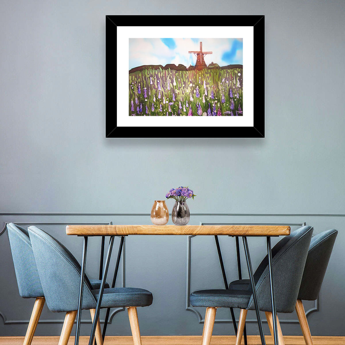 Ink Wash Windmill in Blooming Field Wall Art