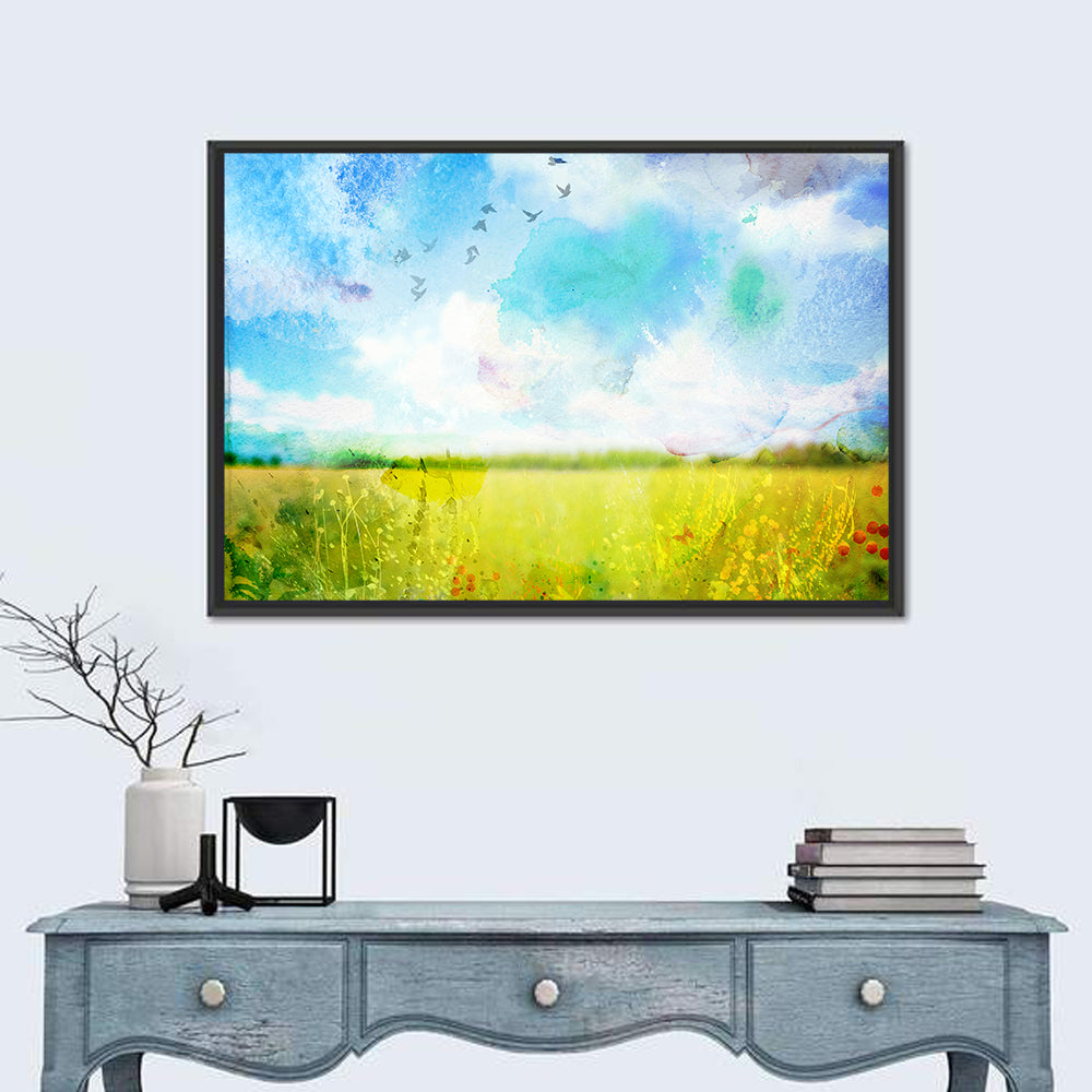 Watercolor Wildflower Field Wall Art in a room, landscape