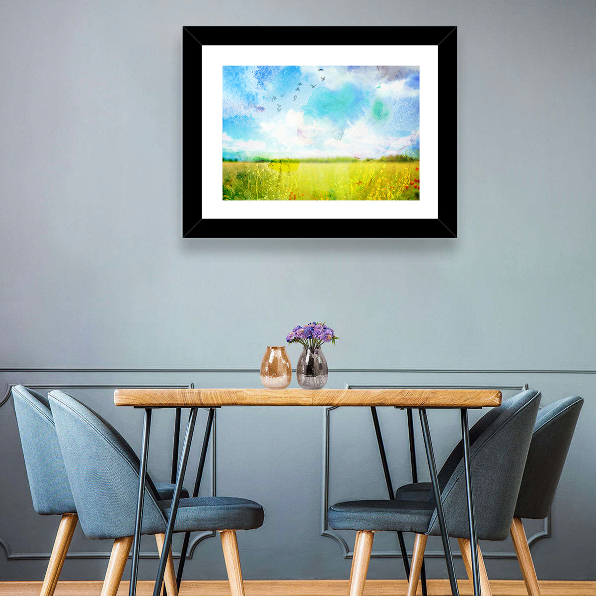 Watercolor Wildflower Field Wall Art in a room, landscape
