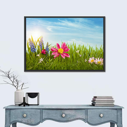 Pink Daisy and Blue Hyacinths in Spring Grass Wall Art