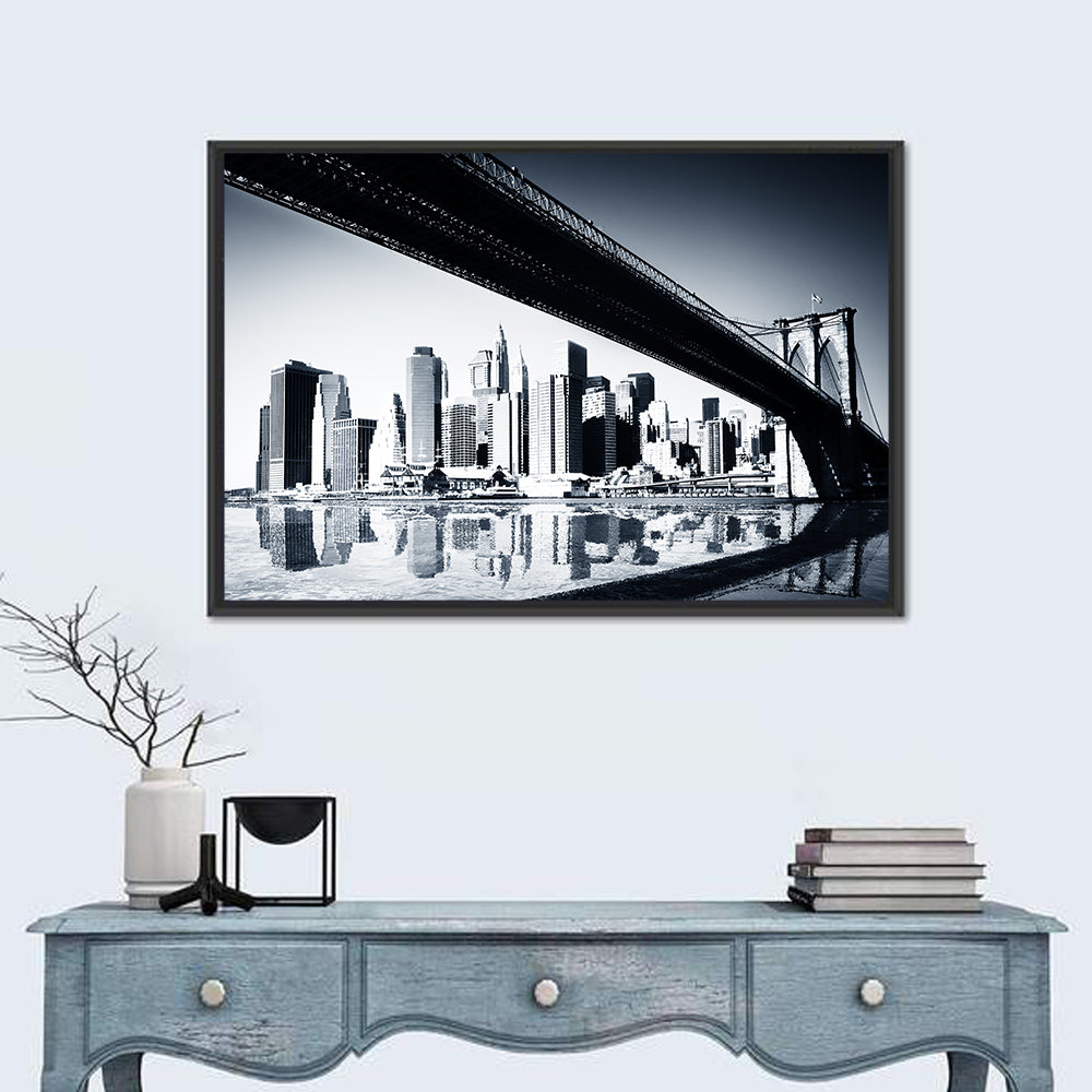 Brooklyn Bridge Low Angle Skyline Reflection Wall Art in a room, landscape