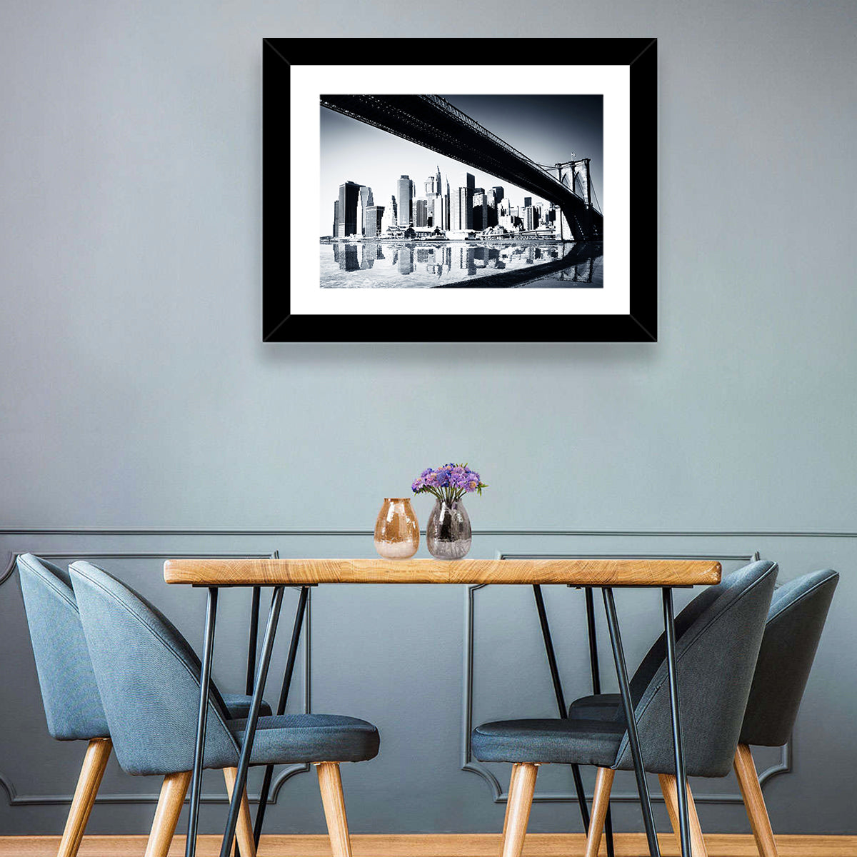 Brooklyn Bridge Low Angle Skyline Reflection Wall Art in a room, landscape