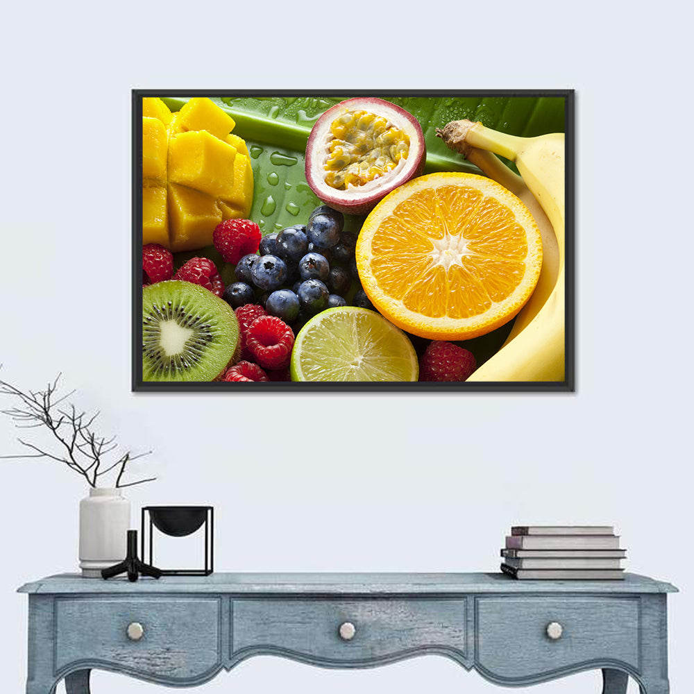 Vibrant Fresh Fruit Flat Lay Wall Art in a room, landscape